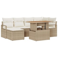vidaXL Set di divani da giardino a 7 pezzi con cuscini beige in polyrattan e acacia.
