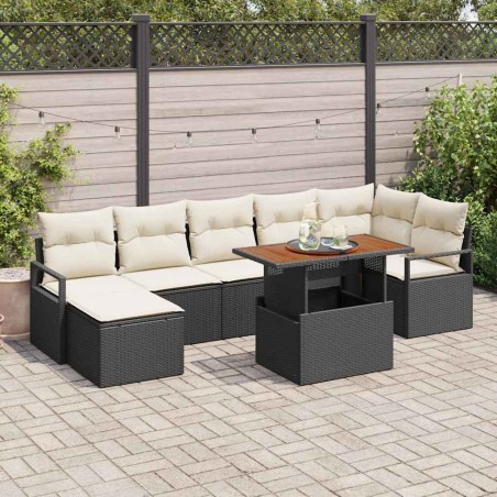 vidaXL Set di divani da giardino 8 pezzi con cuscini neri in poly rattan e acacia.