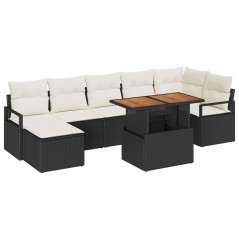 vidaXL Set di divani da giardino 8 pezzi con cuscini neri in poly rattan e acacia.
