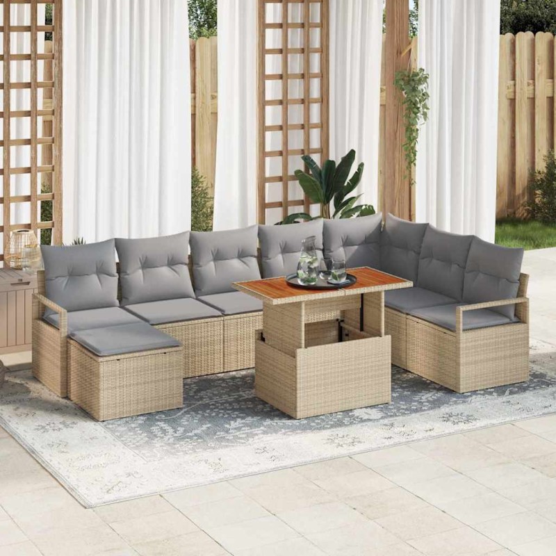 vidaXL Set di divani da giardino 9 pezzi con cuscini beige in rattan sintetico e legno di acacia