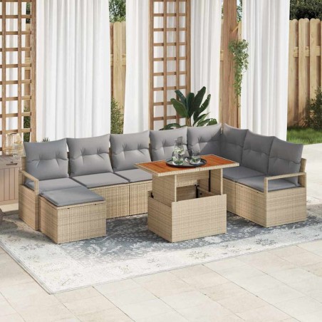 vidaXL Set di divani da giardino 9 pezzi con cuscini beige in rattan sintetico e legno di acacia