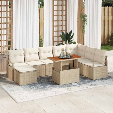 vidaXL Set di divani da giardino 9 pezzi con cuscini beige in rattan sintetico e acacia