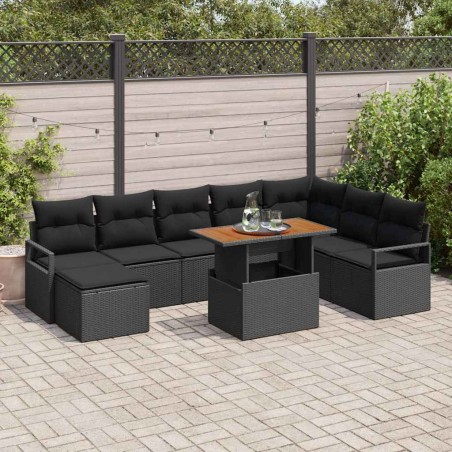 vidaXL Set di Divano da Giardino 9 Pezzi con Cuscini in Rattan Nero e Acacia