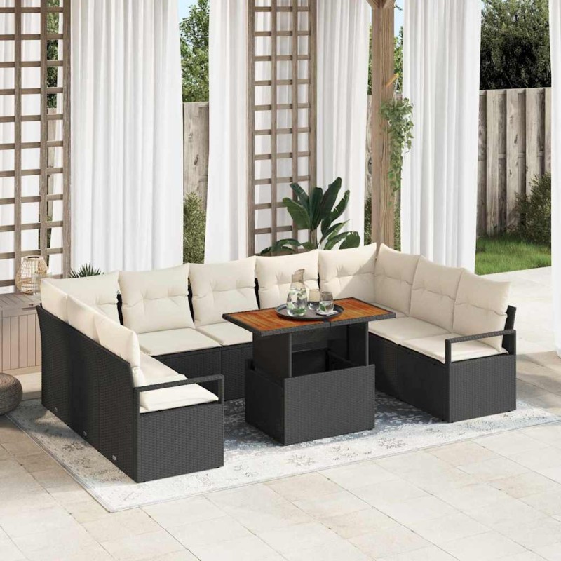vidaXL Set Divano da Giardino 10 Pezzi con Cuscini in Rattan e Poliestere Nero e Acacia