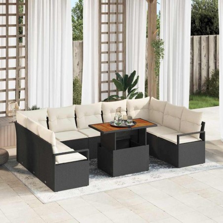 vidaXL Set Divano da Giardino 10 Pezzi con Cuscini in Rattan e Poliestere Nero e Acacia