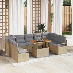vidaXL Set di Sofà da Giardino a 10 Pezzi con Cuscini Beige, in Rattan Polietilene e Acacia