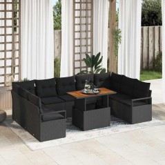 Set da giardino 10 pezzi vidaXL con cuscini neri in polyrattan e acacia