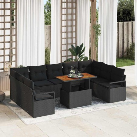 Set da giardino 10 pezzi vidaXL con cuscini neri in polyrattan e acacia