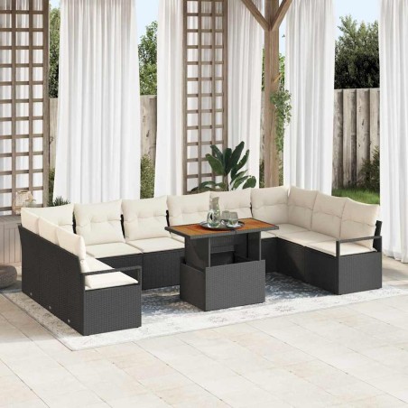 vidaXL Set di divani da giardino di 11 pezzi con cuscini in rattan sintetico nero e legno di acacia.