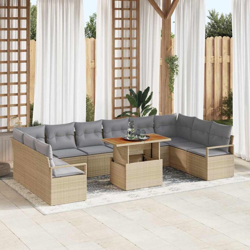 vidaXL Set da Giardino di 11 Pezzi con Cuscini in Rattan PVC Beige e Acacia
