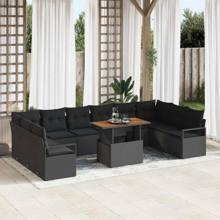 vidaXL Set Divano da Giardino 11 Pezzi con Cuscini in Rattan Sintetico Nero e Acacia