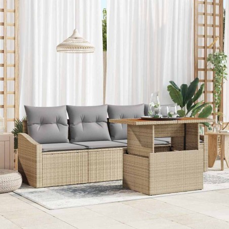vidaXL Set da pranzo da giardino 5 pezzi con cuscini in rattan sintetico beige e acacia.