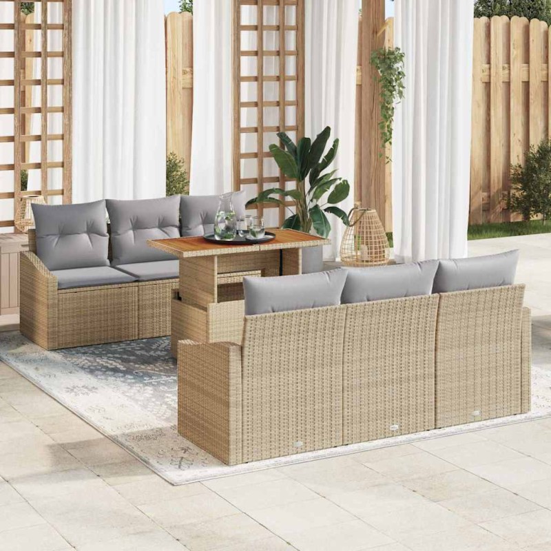vidaXL Set da Pranzo da Giardino 7 Pezzi con Cuscini Beige in Rattan Sintetico e Acacia vidaXL Set da Pranzo da Giardino 7 Pezzi con Cuscini Beige in Rattan Sintetico e Acacia