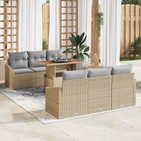vidaXL Set da Pranzo da Giardino 7 Pezzi con Cuscini Beige in Rattan Sintetico e Acacia