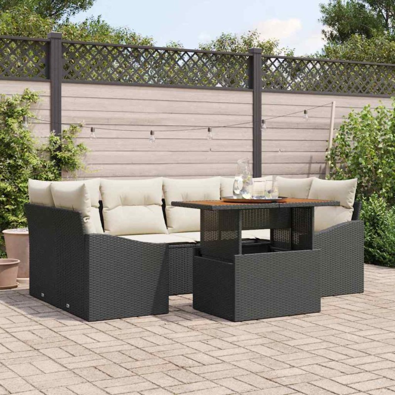 vidaXL Set da Pranzo da Giardino 7 Pezzi con Cuscini in Rattan Artificiale Nero e Acacia vidaXL Set da Pranzo da Giardino 7 Pezzi con Cuscini in Rattan Artificiale Nero e Acacia