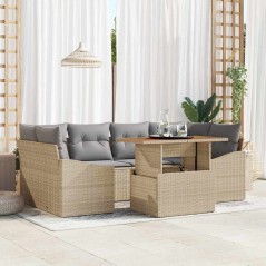 vidaXL Set da pranzo da giardino 7 pezzi con cuscini beige in polirattan e legno di acacia
