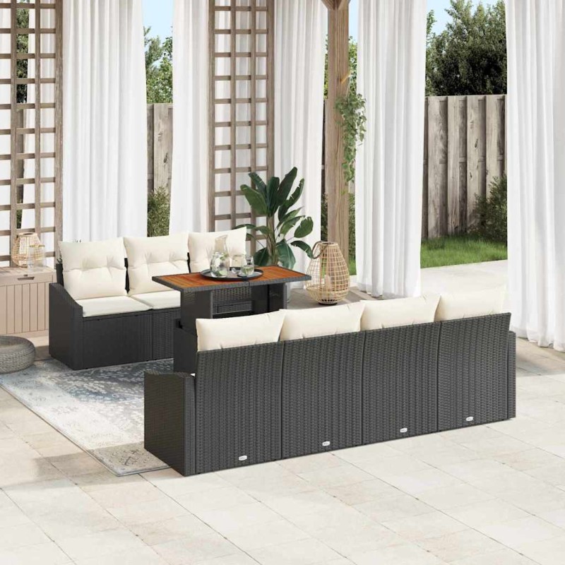 vidaXL Set da pranzo da giardino 8 pezzi con cuscini in rattan nero di polipropilene e acacia.