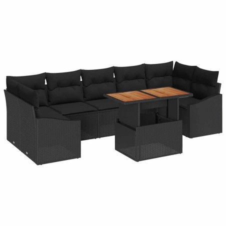 vidaXL Set da Pranzo da Giardino in 8 Pezzi, Cuscini in Rattan Nero e Acacia