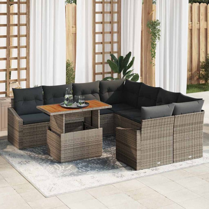 vidaXL Set da Pranzo da Giardino 9 Pezzi con Cuscini in Rattan Grigio e Acacia.
