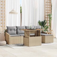 vidaXL Set da pranzo da giardino in 6 pezzi con cuscini beige in rattan sintetico e acacia