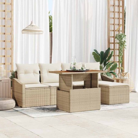 vidaXL Set da Pranzo da Giardino con 6 Pezzi e Cuscini Beige in Rattan Sintetico e Acacia