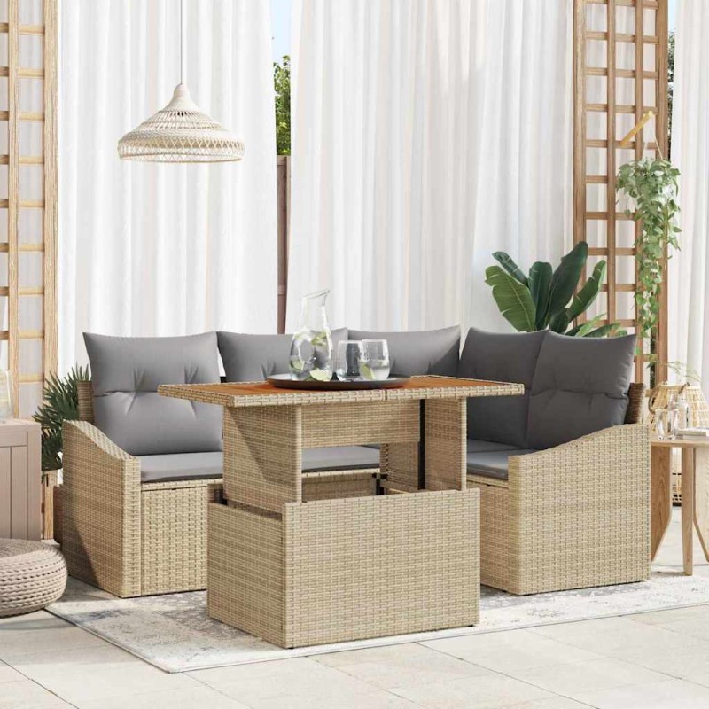vidaXL Set da Pranzo da Giardino 5 Pezzi con Cuscini Beige in Rattan Sintetico e Acacia