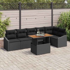 vidaXL Set da Pranzo Giardino 7 Pezzi con Cuscini in Rattan Plastico Nero e Legno di Acacia