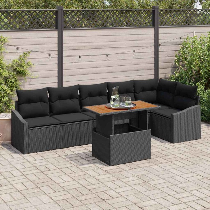 vidaXL Set da Pranzo Giardino 7 Pezzi con Cuscini in Rattan Plastico Nero e Legno di Acacia