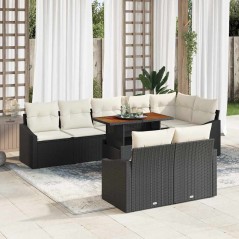vidaXL Set da Pranzo da Giardino in 9 Pezzi con Cuscini in Rattan Nero e Legno di Acacia