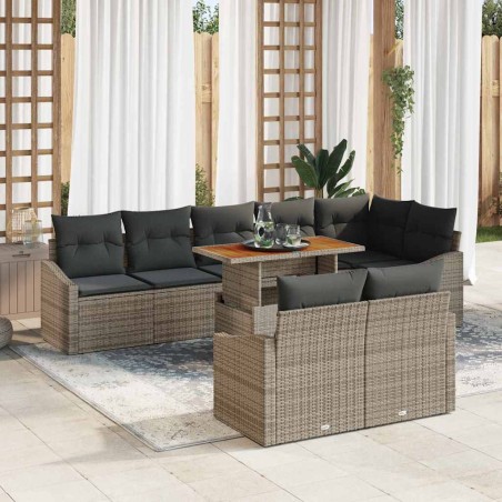 vidaXL Set da pranzo da giardino da 9 pezzi con cuscini in polyrattan grigio e acacia
