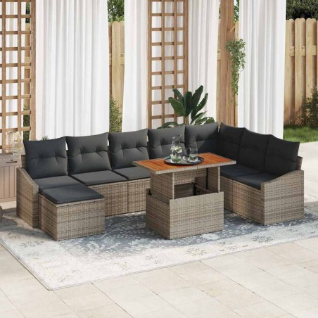 vidaXL Set da Pranzo da Giardino a 9 Pezzi con Cuscini Grigi in Rattan di Polipropilene e Acacia
