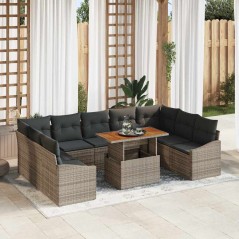 vidaXL Set da Pranzo da Giardino in 10 Pezzi con Cuscini Grigi in Poly Rattan e Acacia