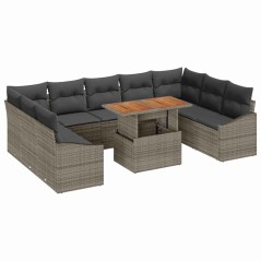 vidaXL Set da Pranzo da Giardino in 10 Pezzi con Cuscini Grigi in Poly Rattan e Acacia