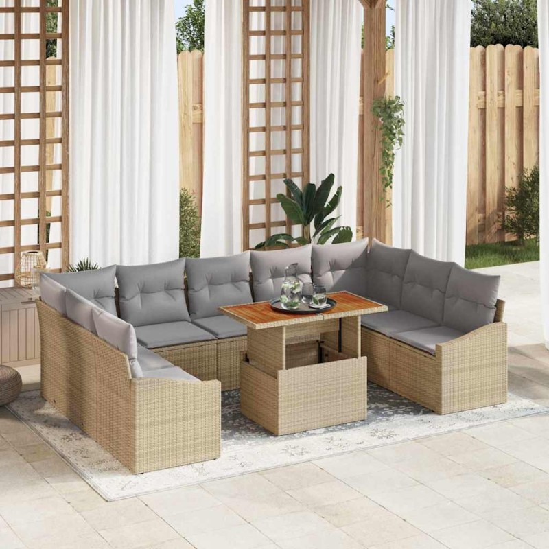 vidaXL Set da Pranzo da Giardino 10 Pezzi con Cuscini in Rattan Beige e Acacia vidaXL Set da Pranzo da Giardino 10 Pezzi con Cuscini in Rattan Beige e Acacia