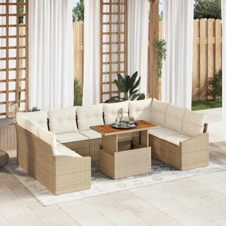 vidaXL Set da Pranzo da Giardino 10 Pezzi con Cuscini Rattan Polietileno Beige, Acacia