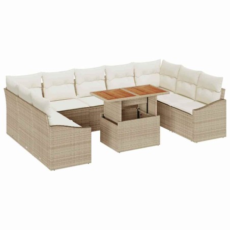 vidaXL Set da Pranzo da Giardino 10 Pezzi con Cuscini Rattan Polietileno Beige, Acacia