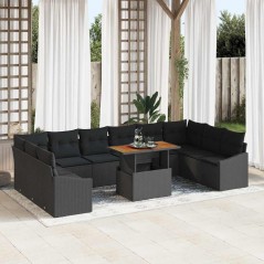 vidaXL Set da Pranzo da Giardino 11 Pezzi con Cuscini in Rattan Sintetico Nero e Acacia