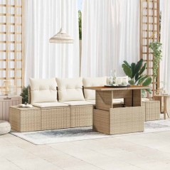 vidaXL Set da Pranzo da Giardino di 5 Pezzi con Cuscini Beige in Rattan Sintetico e Acacia