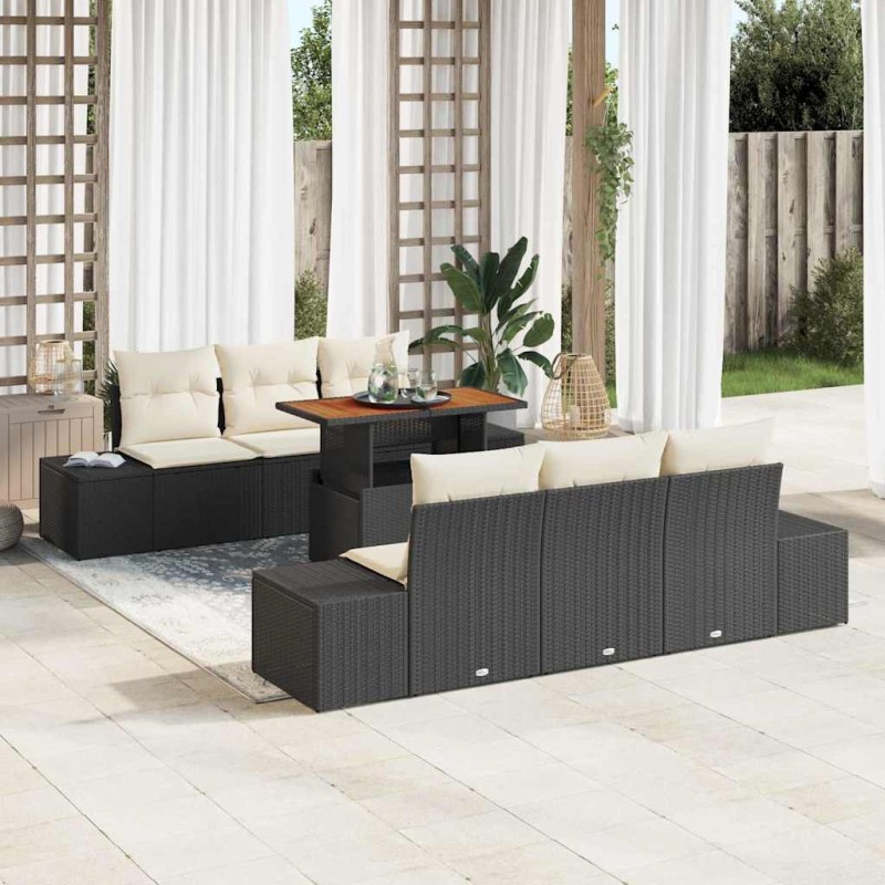 vidaXL Set da Pranzo per il Giardino in 7 Pezzi con Cuscini in Rattan Nero e Polipropilene Acacia.