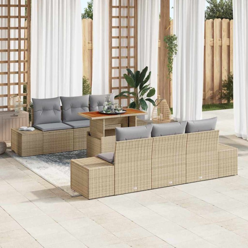 vidaXL Set da Pranzo da Giardino 7 Pezzi con Cuscini in Rattan Sintetico Beige e Acacia