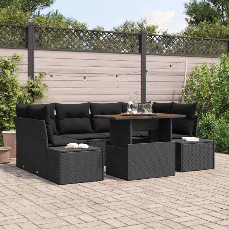 vidaXL Set da Pranzo da Giardino 7 Pezzi con Cuscini Nero in Rattan Sintetico e Acacia vidaXL Set da Pranzo da Giardino 7 Pezzi con Cuscini Nero in Rattan Sintetico e Acacia