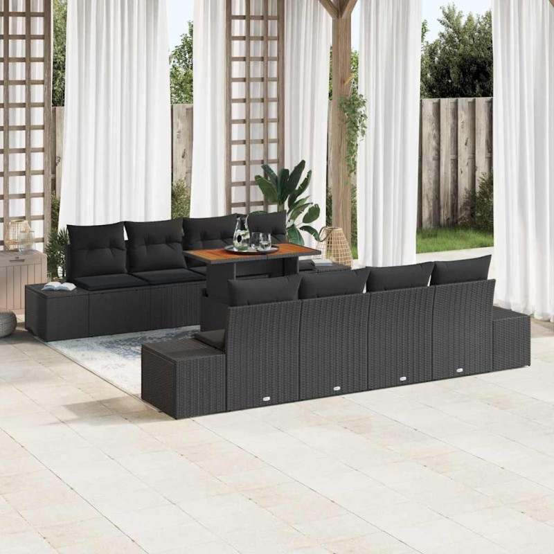 vidaXL Set da Pranzo da Giardino 9 Pezzi con Cuscini in Rattan Nero e Piano in Acacia