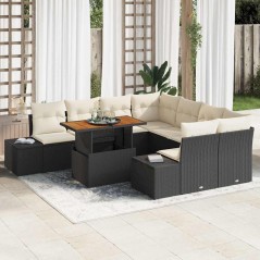 vidaXL Set da Pranzo per il Giardino 9 Pezzi con Cuscini in Rattan Polietileno Nero e Acacia