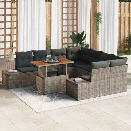 vidaXL Set da Pranzo da Giardino in 9 Pezzi con Cuscini Grigi in Rattan Sintetico e Acacia