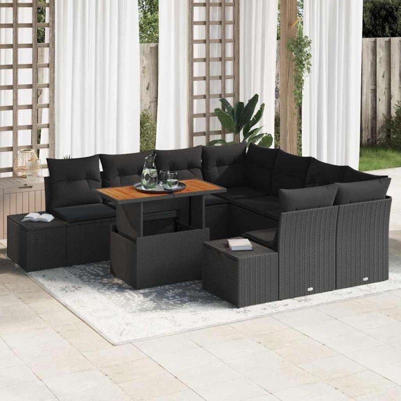 vidaXL Set Pranzo Giardino 9 Pezzi con Cuscini in Rattan Sintetico Nero e Acacia