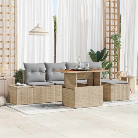 vidaXL Set da pranzo per il giardino da 6 pezzi con cuscini beige in rattan sintetico e legno di acacia.