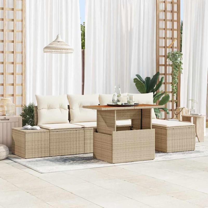 vidaXL Set da pranzo da giardino in 6 pezzi con cuscini beige in rattan sintetico e legno di acacia