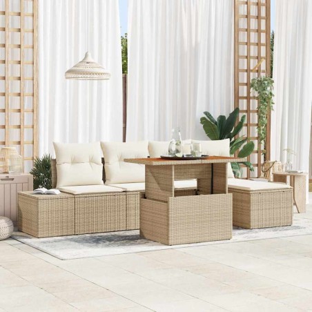 vidaXL Set da pranzo da giardino in 6 pezzi con cuscini beige in rattan sintetico e legno di acacia