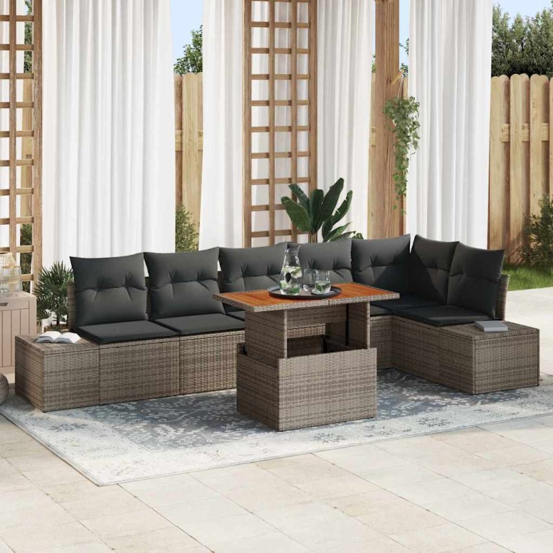 vidaXL Set da pranzo da giardino 7 pezzi con cuscini grigi in rattan sintetico e acacia vidaXL Set da pranzo da giardino 7 pezzi con cuscini grigi in rattan sintetico e acacia