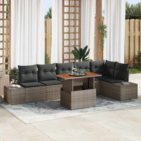 vidaXL Set da pranzo da giardino 7 pezzi con cuscini grigi in rattan sintetico e acacia